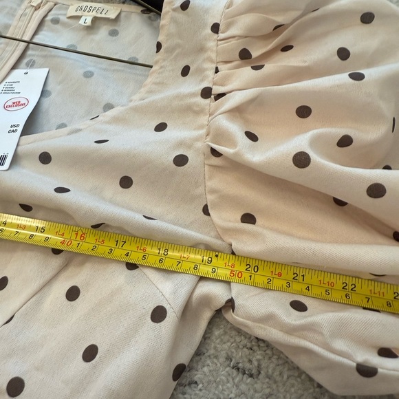 Ghospell NWT L Cream Long Sleeve Puff Sundress brown polka Dots Midi - Picture 13 of 16